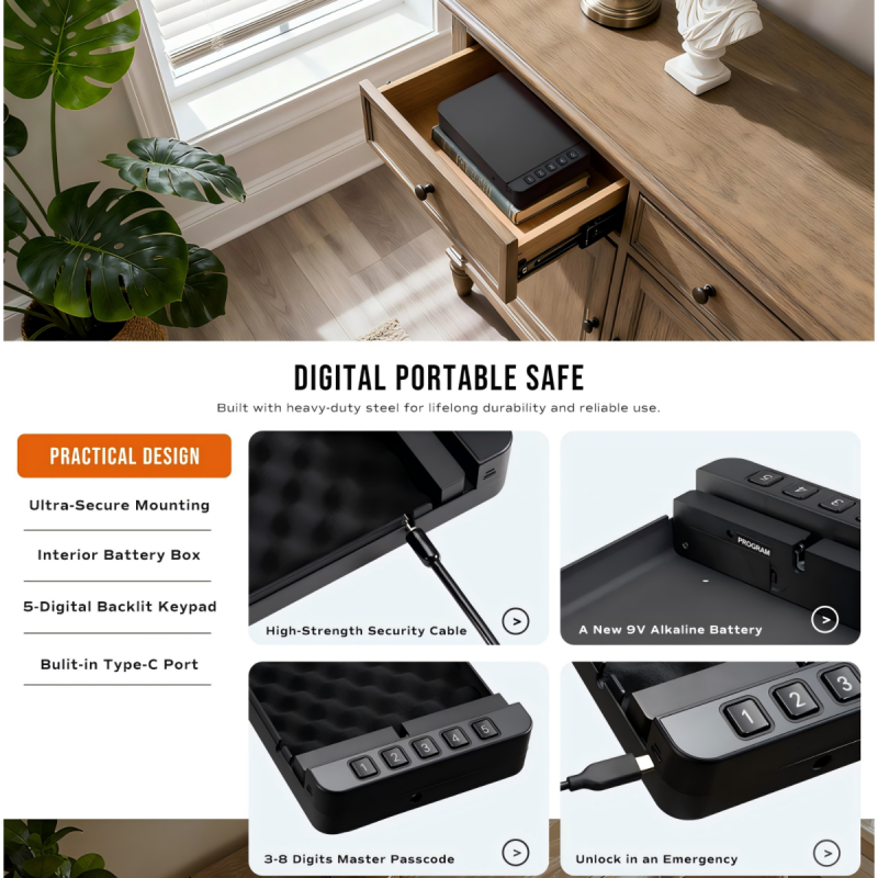 Portable Digital Pistol Safe &ndash; Quick Access Handgun Lock Box for Car, Home & Travel Gun Case with Electronic Keypad - RPNB RP2019